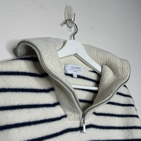 La Ligne - Cream and Navy Striped Merino Zip Sweater - Size S - Picture 2 of 6